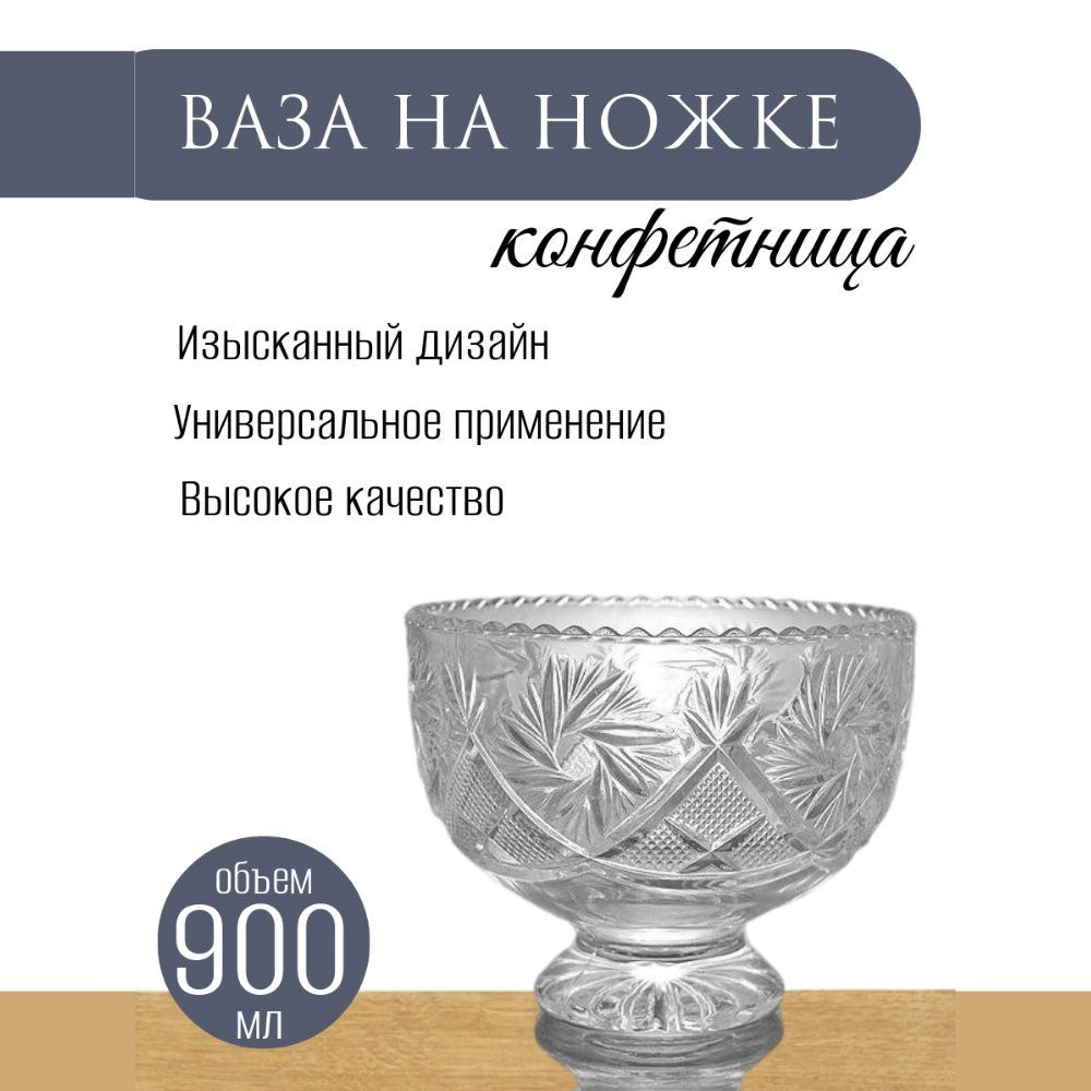 Конфетница стекло/ Ваза для сервировки на ножке/ Салатник стеклянный ...