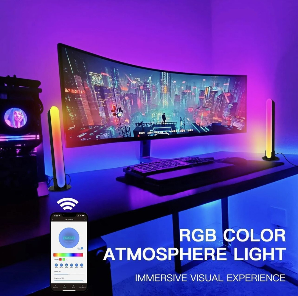 Динамическая RGB подсветка для ТВ, ПК, игр, Bluetooth, пульт управления /  Умная настольная светодиодная лампа ночник RGB для компьютера, телевизора  ...