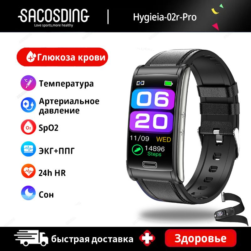 SACOSDING Умные часы SA-Hygieia-02s, 26mm, Black leather ECG #1