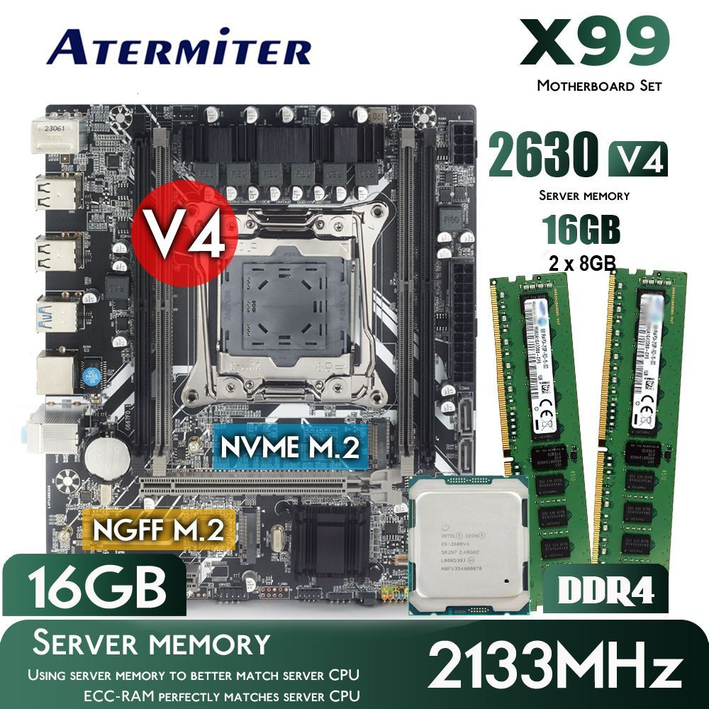 Atermiter Материнская плата X99 Материнская плата Intel LGA 2011-3 + XEON  E5 2630 V4 2,2 ГГц (10 ядер/20 потока) + 16 Гб (2 шт X8 ГБ) DDR4 2133МГц