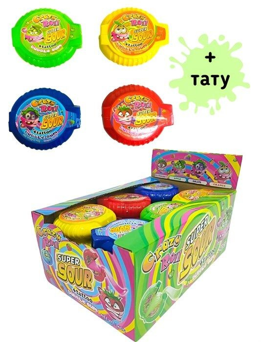 Жевательная резинка-рулетка Crazy roll bubble gum + tatoo SOUR (1142) 15г*24 шт  #1