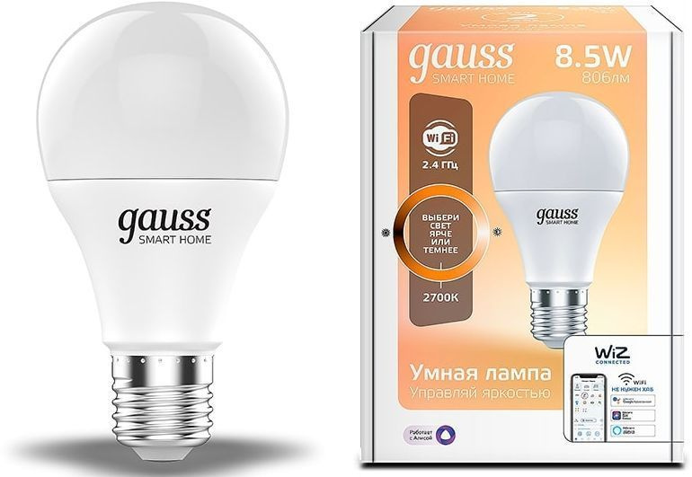 Умная лампа Gauss IoT Smart Home E27 8.5Вт 806lm Wi-Fi (упак.:1шт) (1050112) #1