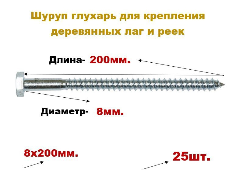 Шуруп "Глухарь" 8 х 200 мм(25шт), для деревянных лаг и реек, оцинкованный  #1