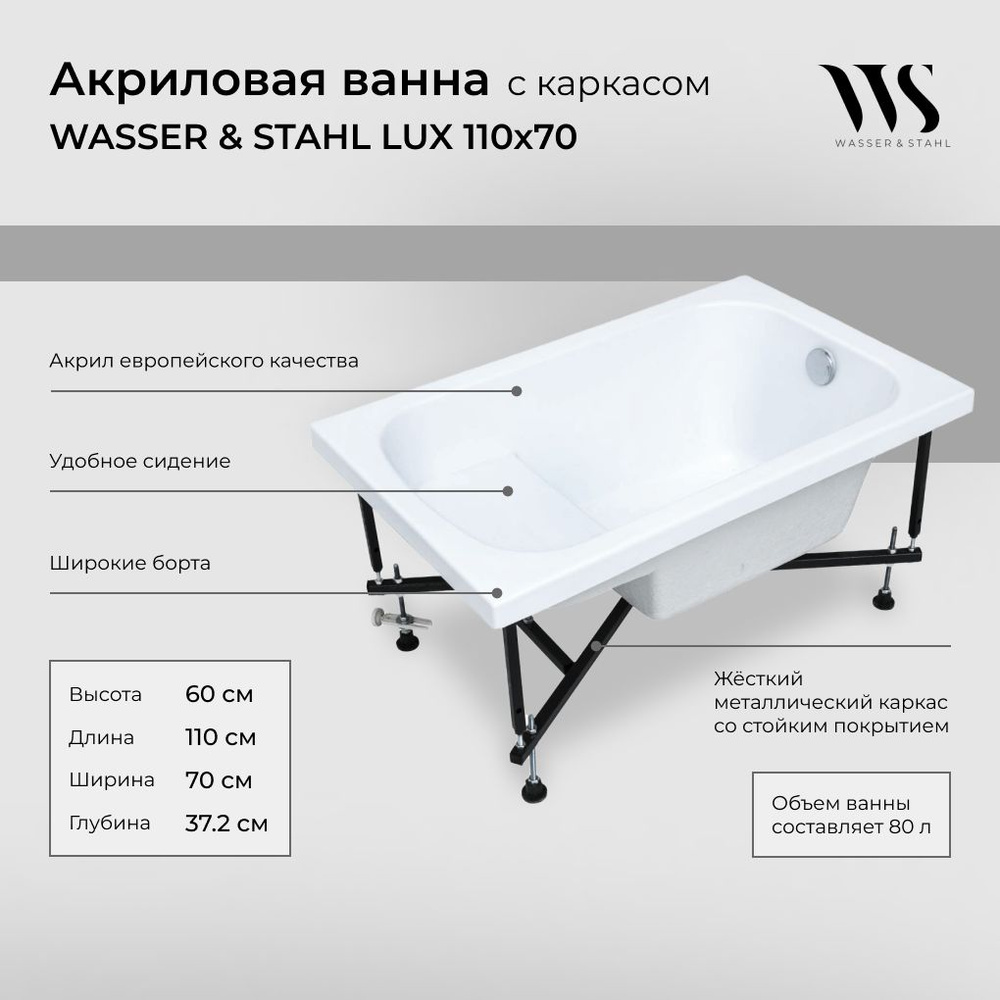Акриловая ванна WASSER & STAHL LUX 110x70 с каркасом - купить по ...