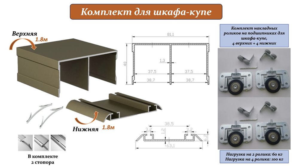 Комплект для шкафа-купе: накладные ролики на подшипниках (100кг) (ЛДСП 16-19мм) (4 верхних/ 4 нижних) #1