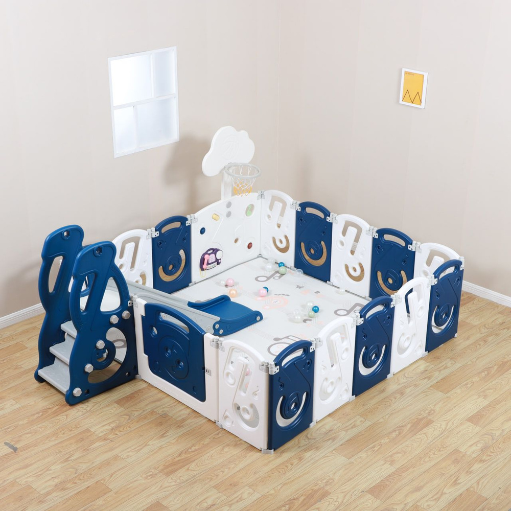 Манеж UNIX Kids SUPREME Music Blue, детский игровой комплекс из пластика, с  горкой баскетбольной стойкой, для дома улицы игровой зоны, напольное  ограждение, 200 x 200 см, синий - купить с доставкой по