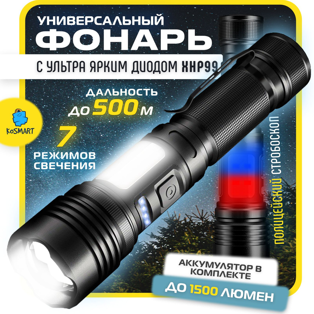 Фонарик аккумуляторный светодиодный ручной, светодиод XHP99, с магнитом, с  влагозащитой IPX6, мощный фонарь аккумуляторный, с зарядкой USB Type-C