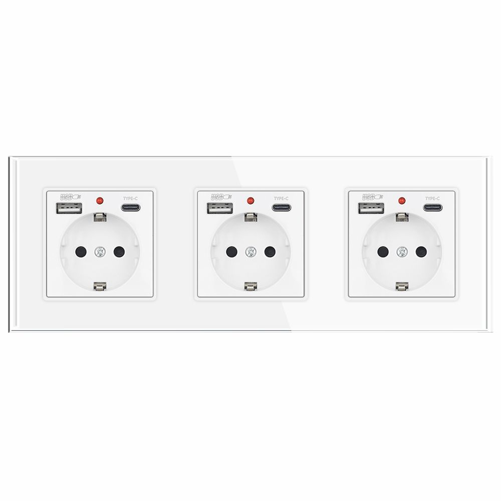 Розетка тройная с заземлением, с Usb/Type-C АC, рамка 224х82мм стекло,Белый  #1