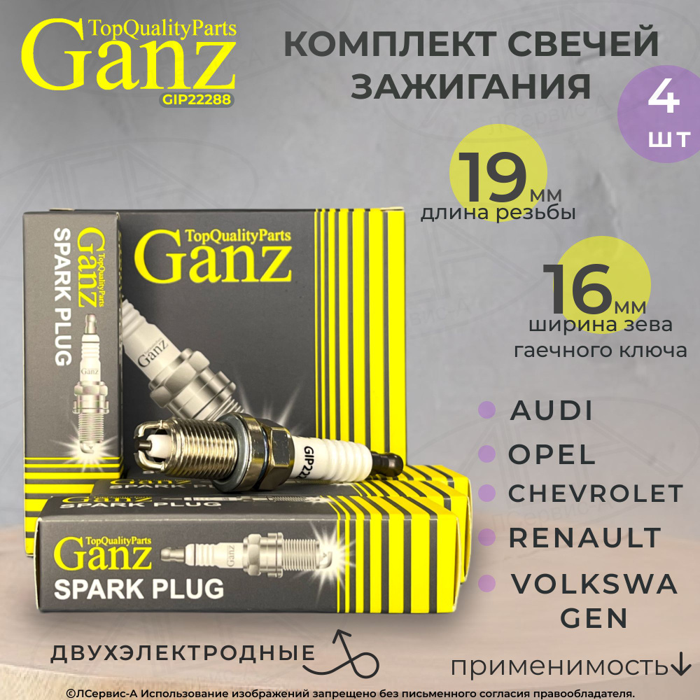 Комплект свечей зажигания Ganz M14X1.25, для Renault, GM, Audi, BMW, Opel,  Chevrolet, Volkswagen, Лада(ВАЗ), ГАЗ