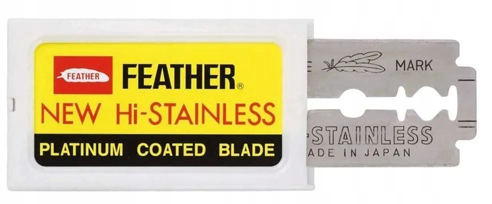 Двусторонние японские лезвия FEATHER ЖЕЛТАЯ УПАКОВКА "New Hi-Stainless" для T-образных бритв и шаветок, упаковка 10 шт, 10 шт, фото 3