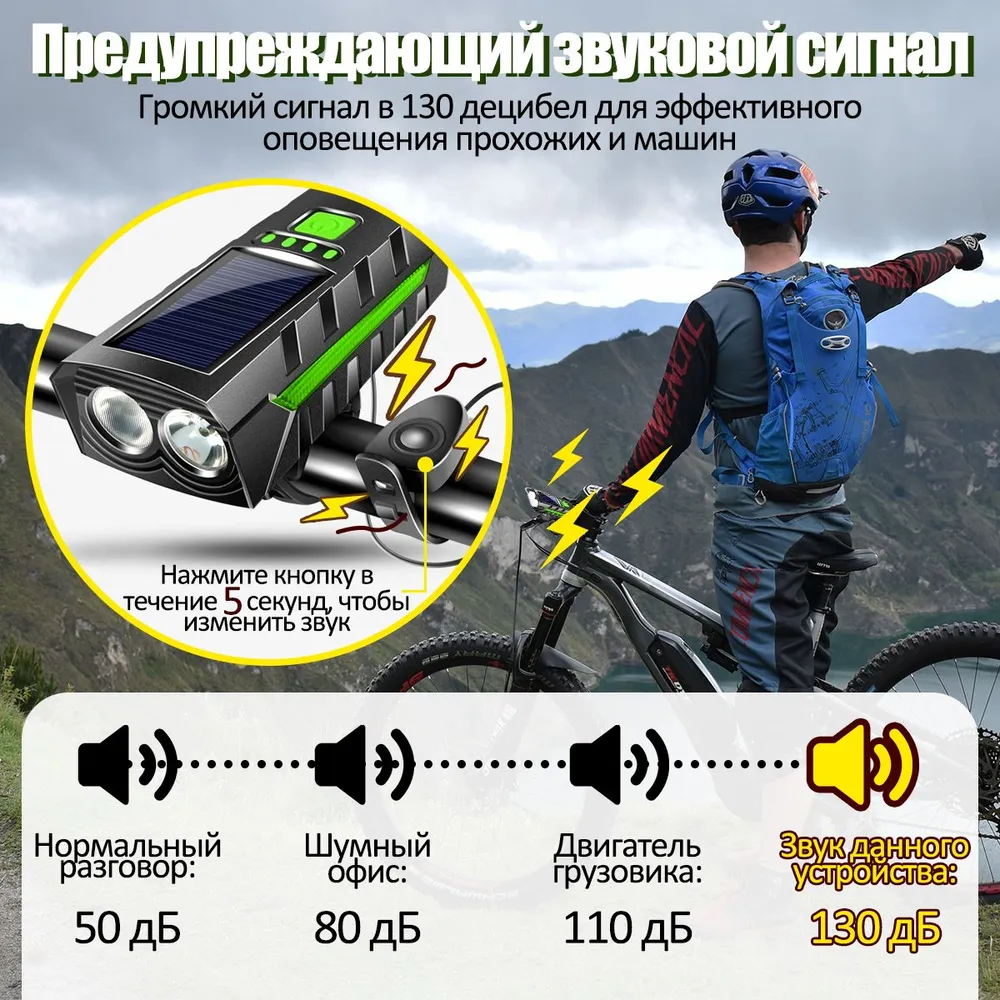 Фонарь велосипедный, передняя велофара, на солнечной батарее, С сигналом,micro-USB,Прекрасный подарок,Зеленый, зеленый, фото 5