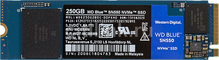 WesternDigital250ГБВнутреннийSSD-дискBlueSN550(WDS250G2B0C),M.2(WDS250G2B0C)