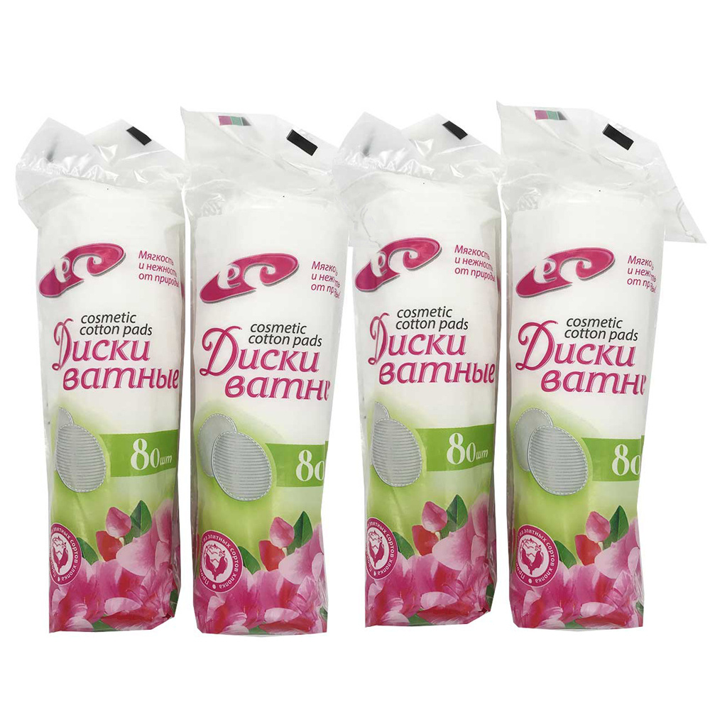 Ватные диски с прошивными краями, 80 шт х 4 шт, белый, Емельянъ ...