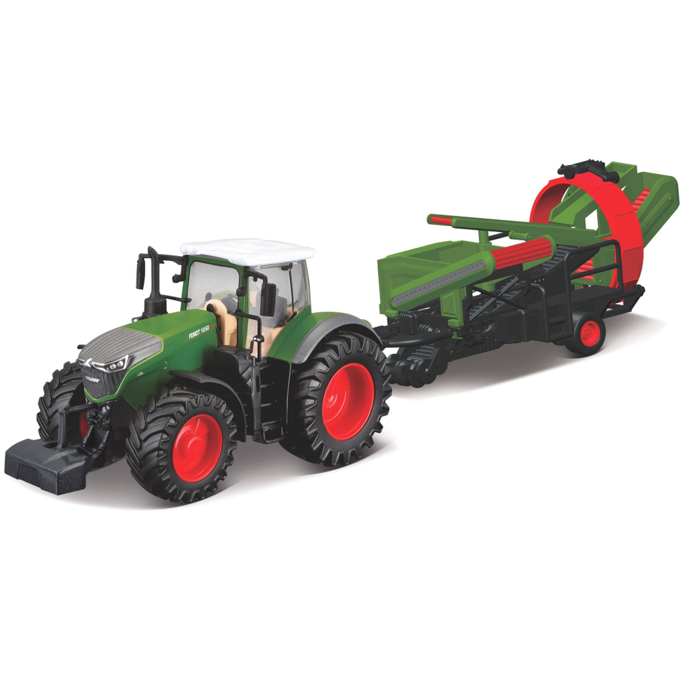 Машинка металлическая Трактор Fendt 1050 Vario with Cultivator, вращающиеся  резиновые колеса, масштабная коллекционная модель Bburago Ббураго зеленая,  ...