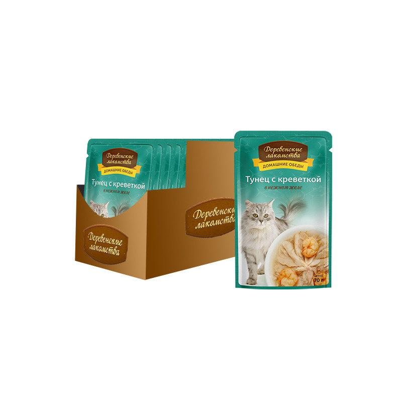 Корм для кошек ДЕРЕВЕНСКИЕ ЛАКОМСТВА Тунец с креветкой в нежном желе ...