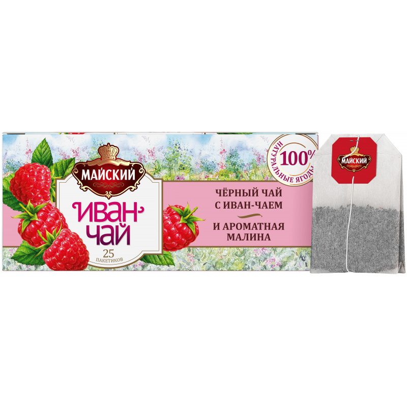 Чай Майский Иван-чай с черным чаем и малиной, 25пакx1,5г - купить с ...