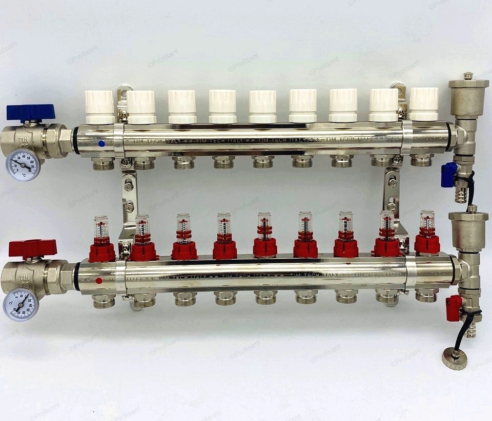 Коллектор для теплого пола с расходомерами, никелированная латунь, 1", 9 вых, комплектован: автовоздухоотводчик, #1