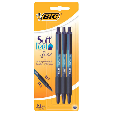 Ручки шариковые автоматические с грипом BIC "Soft Feel Fine", НАБОР 3 шт., линия письма 0,8 мм, блистер #1