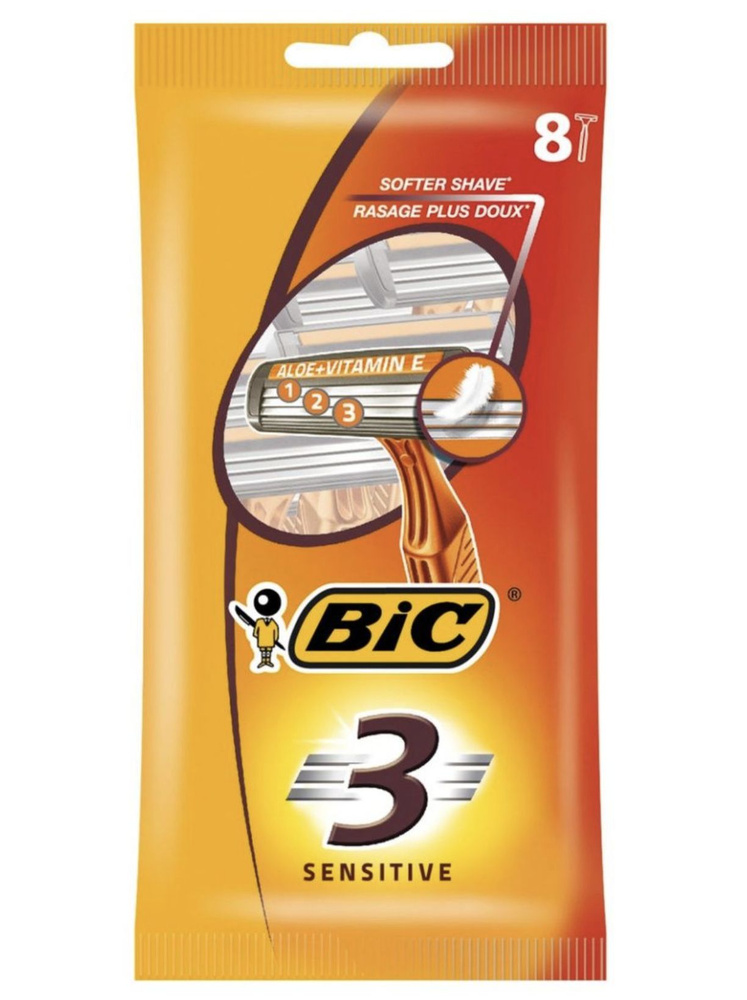 Бритва мужская одноразовая, BIC 3 Sensitive, 8 шт 1 упаковка #1