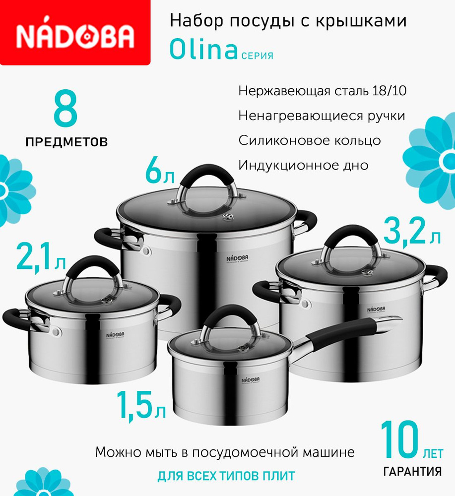 Набор посуды 8 предметов NADOBA кастрюли 6л, 3.2л, 2.1л, ковш 1.5л, крышки,  нержавеющая сталь, стекло - купить с доставкой по выгодным ценам в  интернет-магазине OZON (465539030)