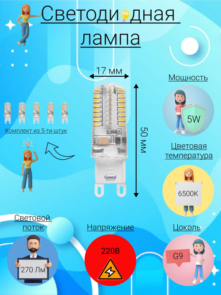 Лампа светодиодная, Комплект из 5 шт., 5 Вт, Цоколь G9, 6500К, Форма лампы Кукуруза, G9 #1
