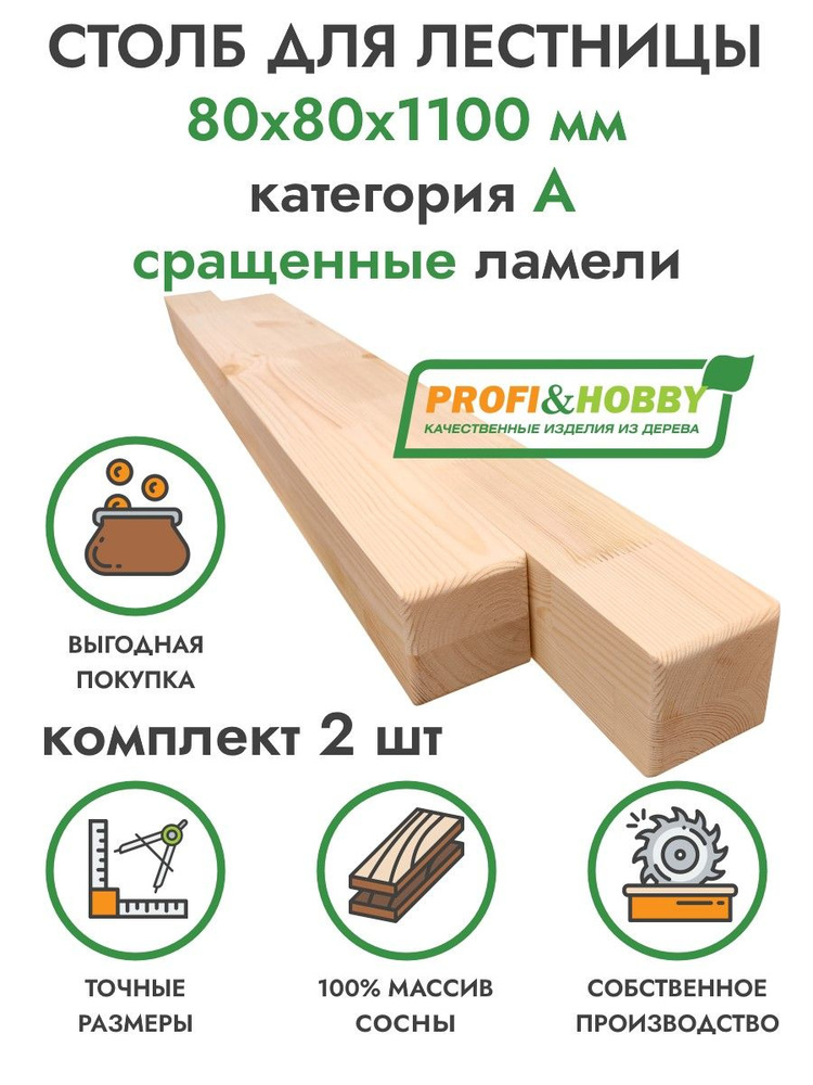 Столб опорный деревянный 80х80х1100 мм / Комплект 2 шт, сосна сорт А ...