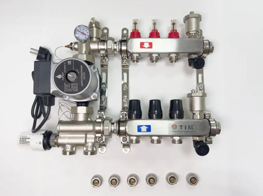Комплект для водяного теплого пола с насосом, коллектором на 3 выхода с расходомерами, смесительным узлом, #1