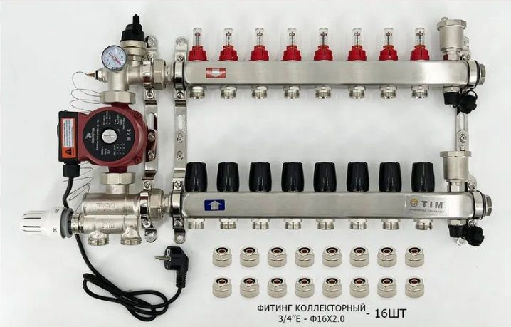 Комплект для водяного теплого пола с насосом: Коллектор 8 выходов с расходомерами + смесительный узел #1