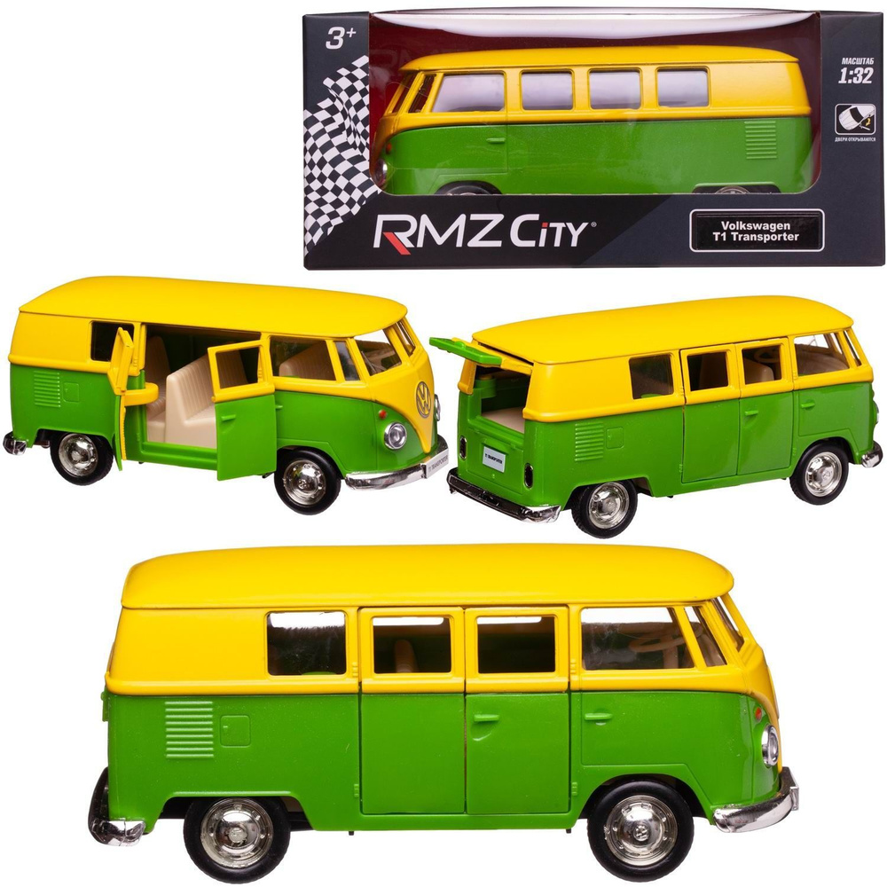 Машинка металлическая Uni-Fortune RMZ City 1:32 Автобус инерционный  Volkswagen Type 2 (T1) Transporter, цвет желтыйй с зеленым, 16,5*7,5*7 см -  купить с доставкой по выгодным ценам в интернет-магазине OZON (855456845)