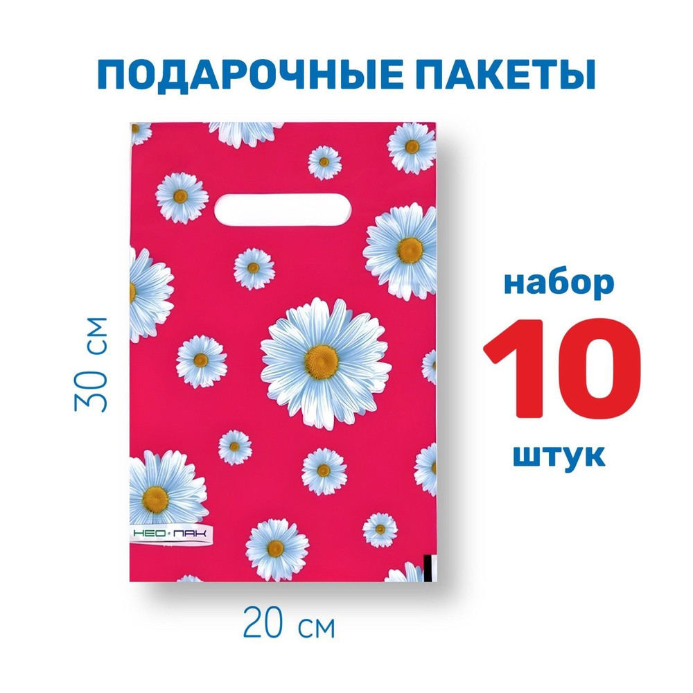 Подарочный пакет маленький "Ромашки", 20*30см, 30 мкм, набор 10шт. / для девушек, для женщин / учителю #1