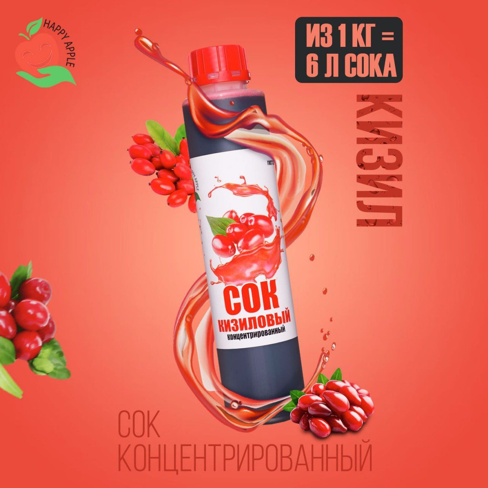 Сок концентрированный/ Концентрат сока Кизиловый, кисл. 7,0-7,5% бутылка 1 кг, Happy Apple  #1