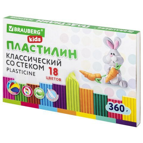 Пластилин классический BRAUBERG KIDS, 18 цветов, 360 г, со стеком, комплект 1 шт  #1