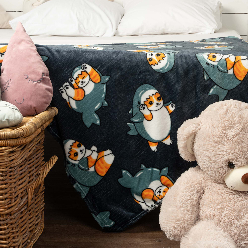 Плед велсофт детский 100х150 см Casa Conforte Фестиваль кот-акула синий ...