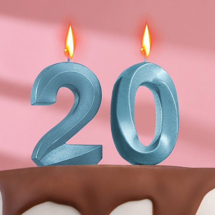 Свеча для торта юбилейная "Грань" (набор 2 в 1), цифра "20", голубой металлик, 7.8 см  #1