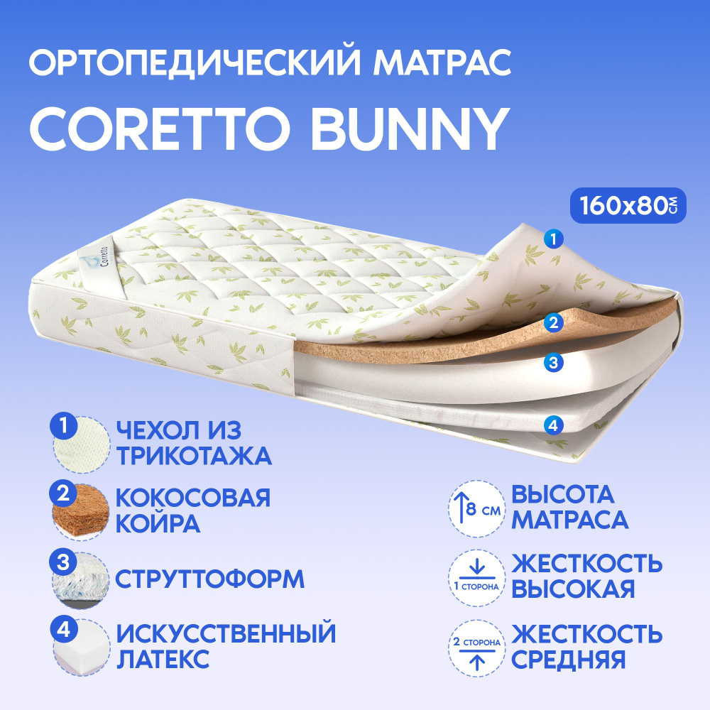 Матрас детский Corretto Bunny, двусторонний, ортопедический, беспружинный, с кокосом и латексом, в рулоне, #1