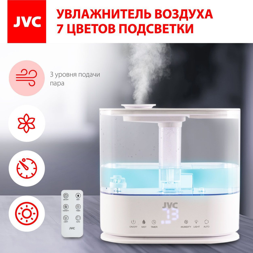 Ультразвуковой увлажнитель для дома JVC JH-HDS40 с сенсорным управлением,  объем 4 литра, верхний залив, 3 уровня подачи пара, ароматерапия, 7 цветов  подсветки, таймер, пульт ДУ, 25 Вт - купить с доставкой по