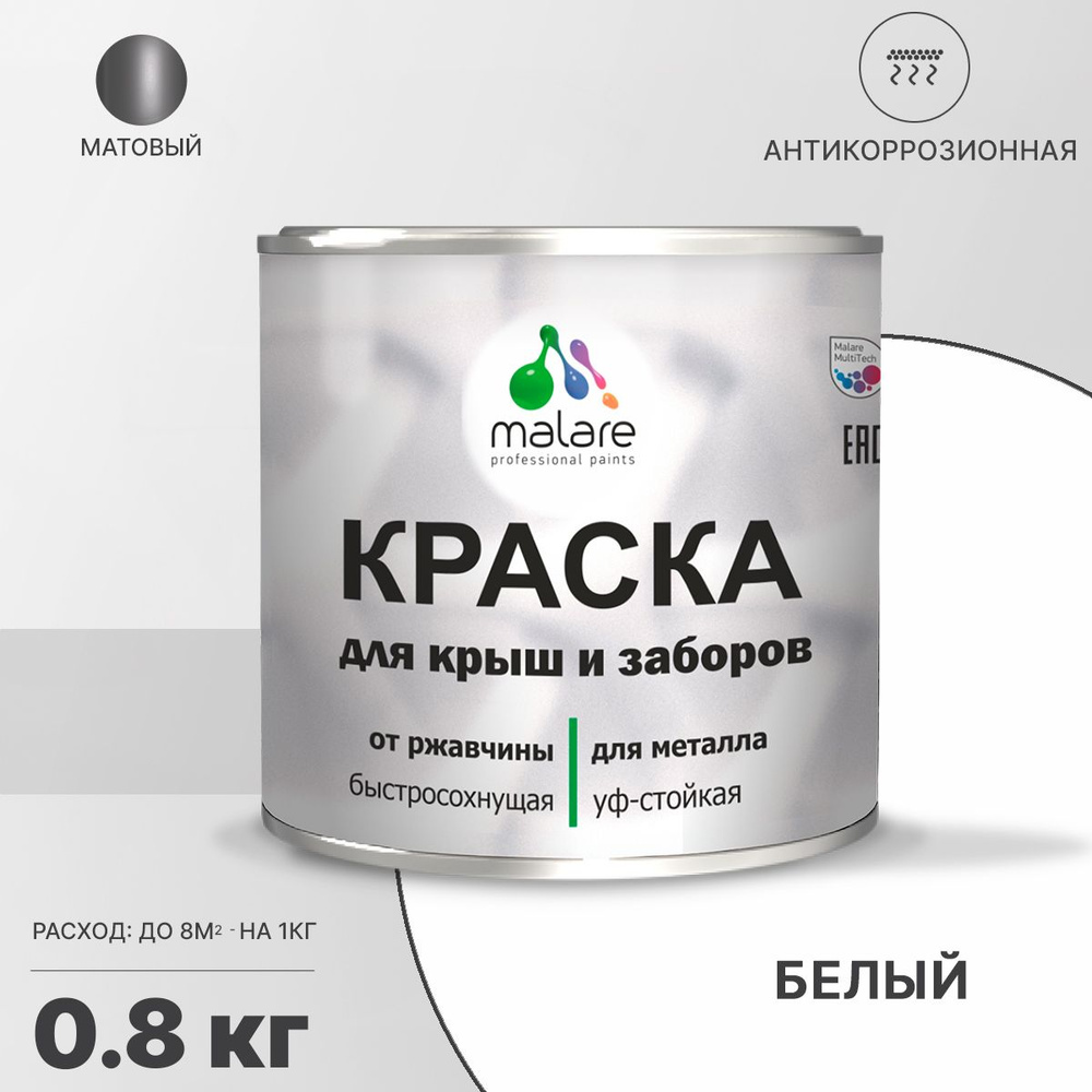 Краска Malare антикоррозионная для металличекого забора и крыши, Акриловая,  Матовое покрытие, белый - купить в интернет-магазине OZON по выгодной цене  (1147983958)