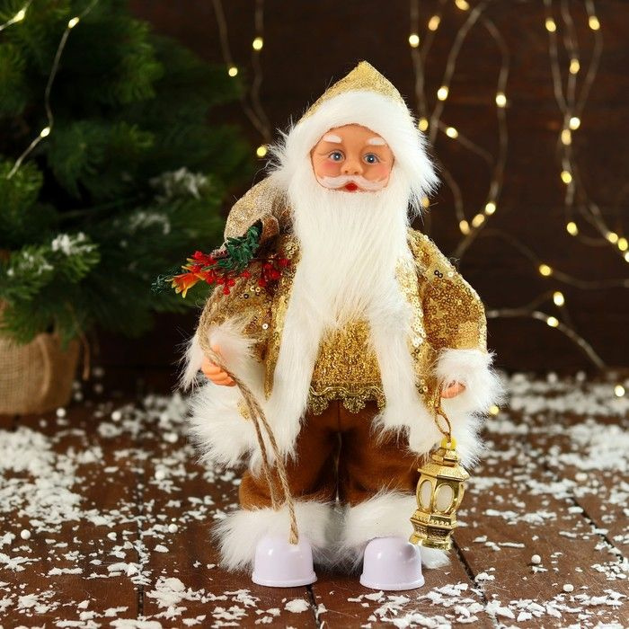 Дед Мороз "В костюме с пайетками, с фонариком" двигается, с подсветкой, 28 см, золото  #1
