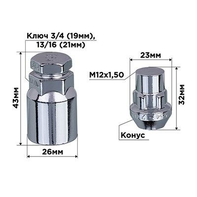 Гайка колеса секр. M12*1,5*32 Хром Конус, закр., 5 луч., 2кл. #1