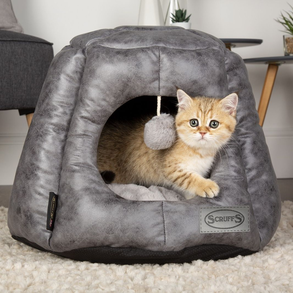 Лежак - домик для кошек SCRUFFS "Knightsbridge Cat Igloo", экокожа, серый, 48x48x38см (Великобритания) #1