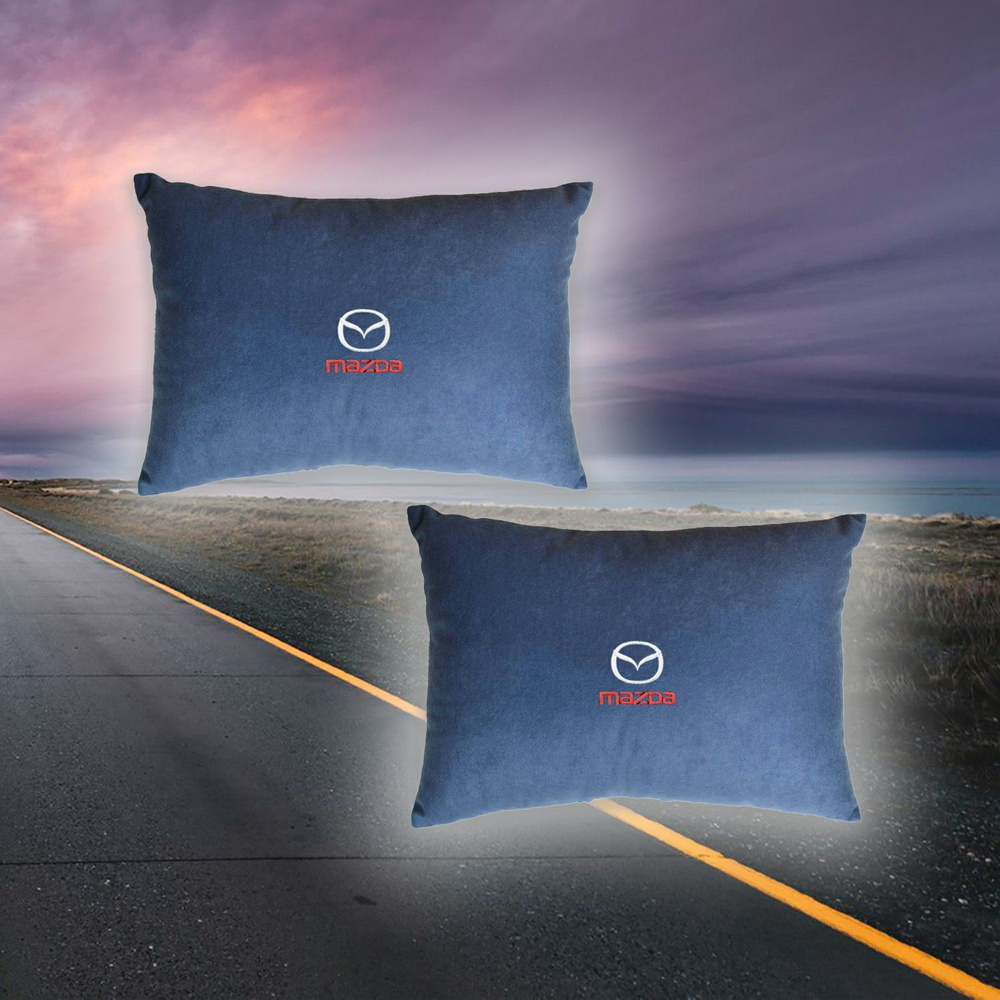 Автомобильная подушка на сиденье из велюра синяя с вышивкой для Mazda 2 штуки  #1