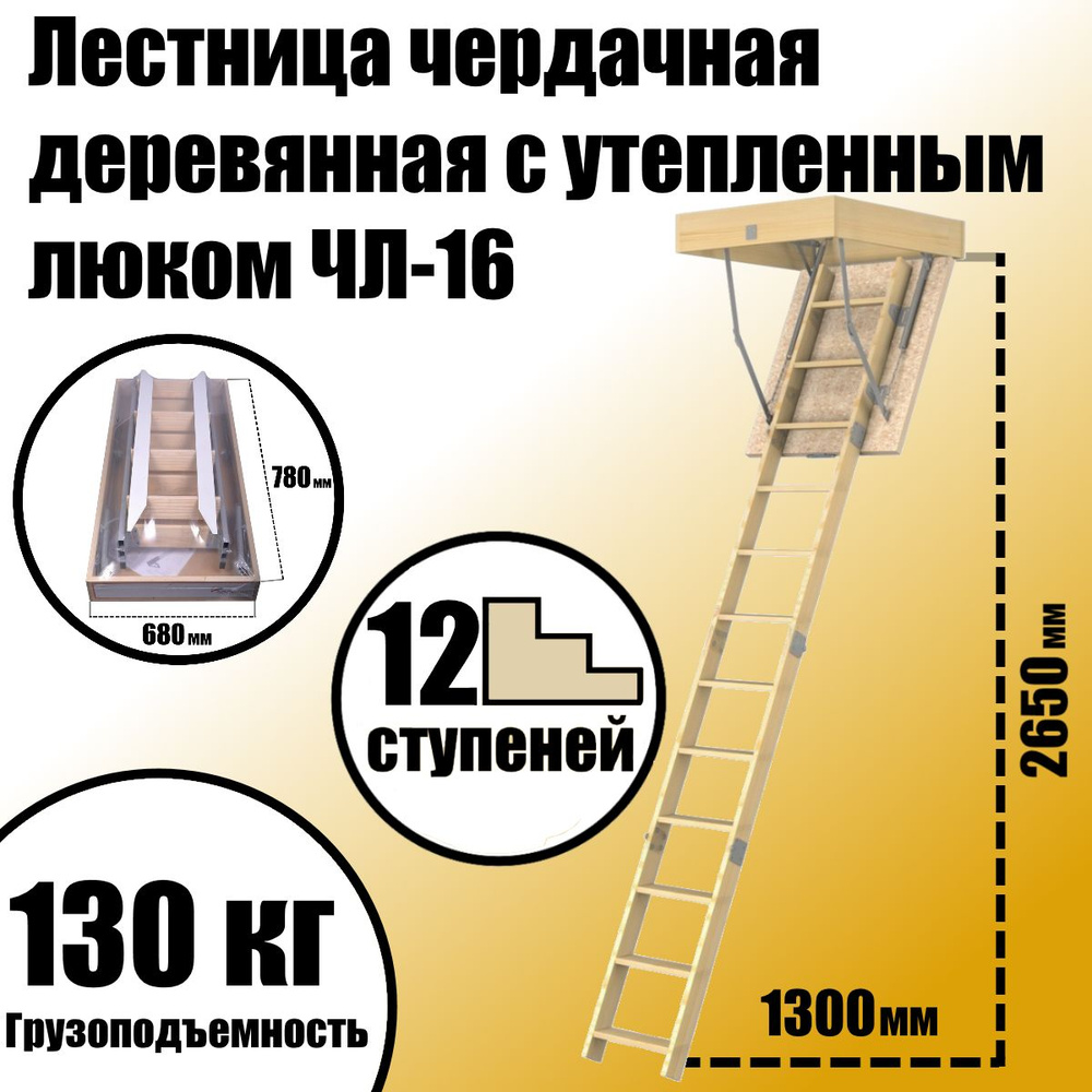 Лестница чердачная деревянная с утепленным люком 700х800 мм, ЧЛ-16, L-2,65 м/ Кровельная лестница  #1