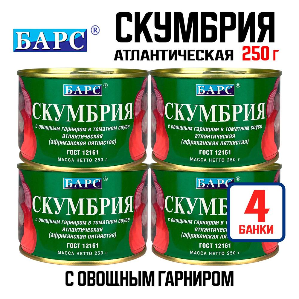 Консервы рыбные "БАРС" - Скумбрия атлантическая с овощным гарниром в томатном соусе (куски), 250 г - #1