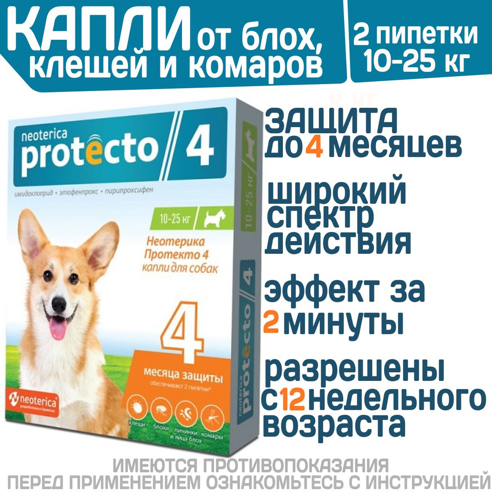 Капли на холку от клещей, блох и комаров для собак 10-25 кг Protecto (Neoterica), 2 пипетки. Имидаклоприд/Этофенпрокс/Пирипроксифен #1