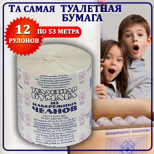 Туалетная бумага "Набережные Челны" без втулки, 12 рулонов, однослойная ...