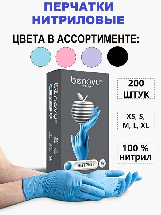 Перчатки одноразовые медицинские Нитриловые Benovy, Голубые, M, 200 ...