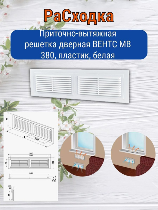 Решетка вентиляционная пластиковая ВЕНТС МВ 380 (382х104 мм) дверная ...
