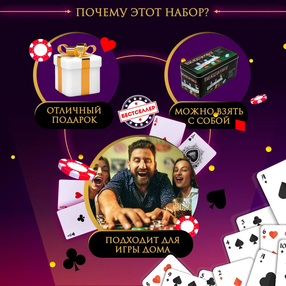 Набор для покера "Texas Holdem" 200 фишек, с номиналом, в жестяной подарочной коробке , Сукно в подарок, #8