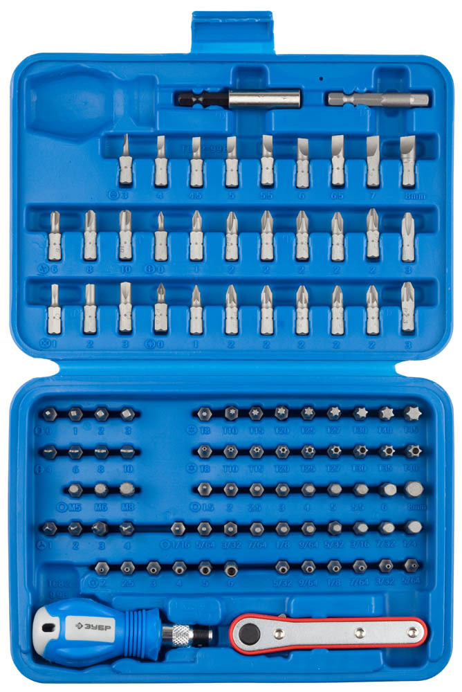 ЗУБР 99шт, Cr-Mo, набор: держатель, мини-трещотка и биты 26093-H99 ...