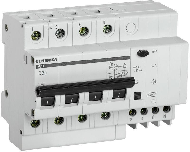 Выключатель автоматический дифференциального тока 4п 25А 30мА АД14 GENERICA MAD15-4-025-C-030  #1